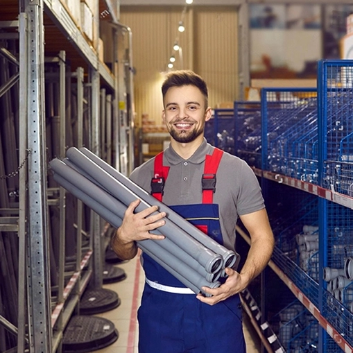 Friendly salesman presenting a variety of PVC pipes including sewerage pipes, PVC pipes, UPVC pipes, high-pressure pipes, and more at Starlinks